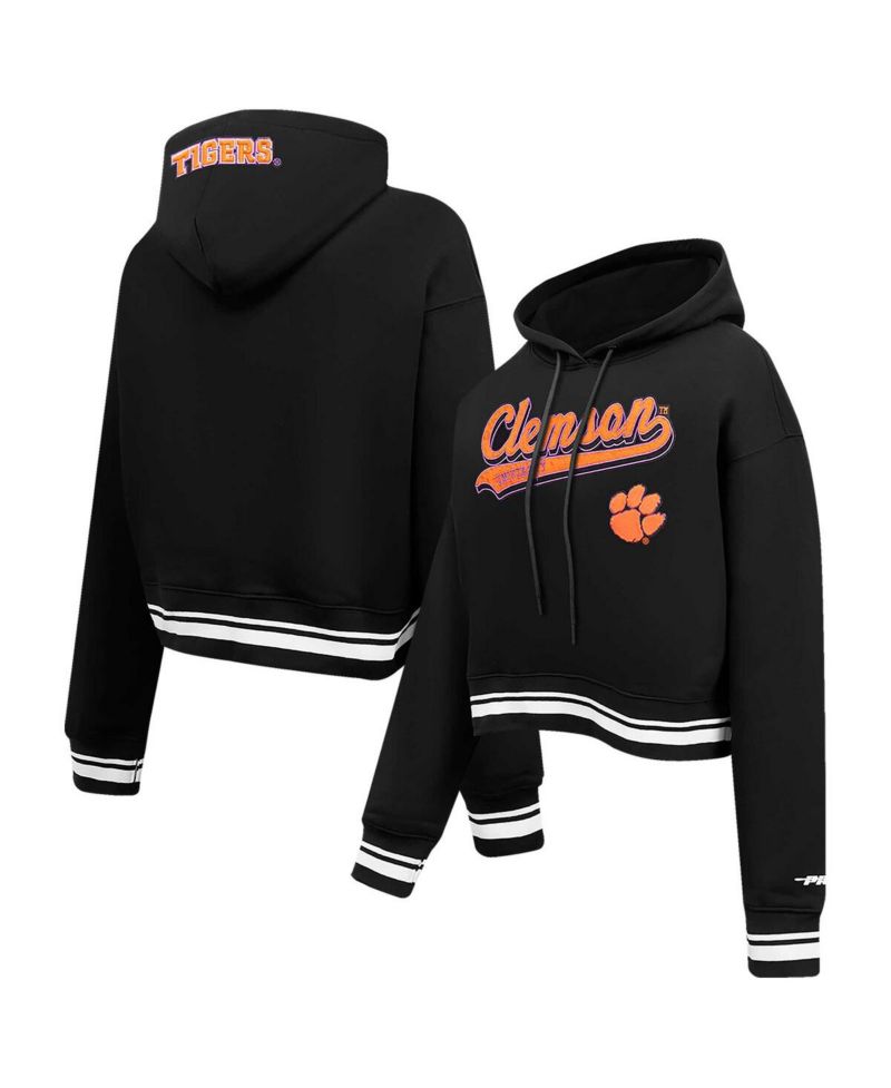 Women's Black Clemson Tigers Script Tail Fleece Cropped Pullover Hoodie