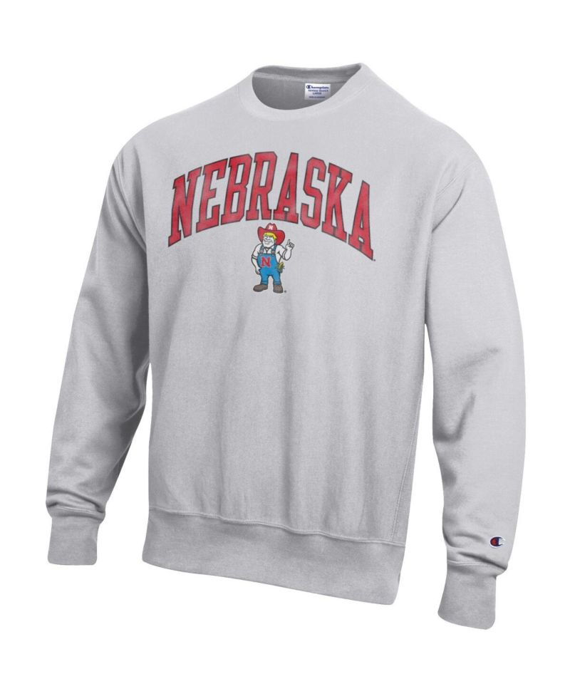 Men's Gray Nebraska Huskers Distressed Arch Over Logo Reverse Weave Crew Neck Sweatshirt