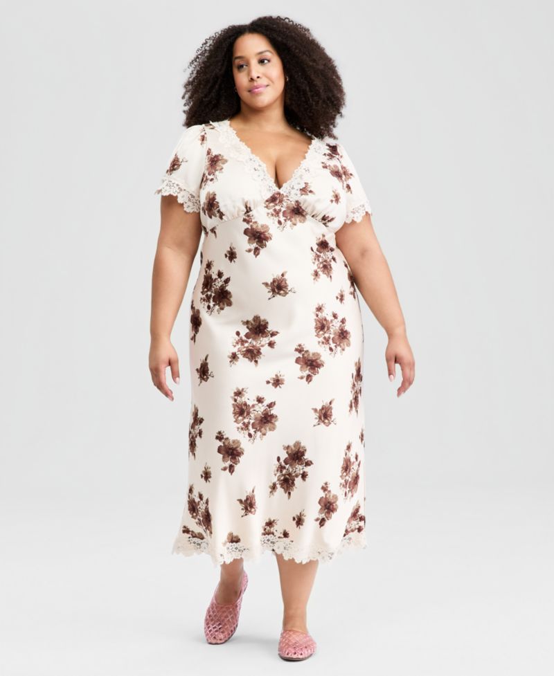 Trendy Plus Size Lace-Trim Floral Satin Midi Dress