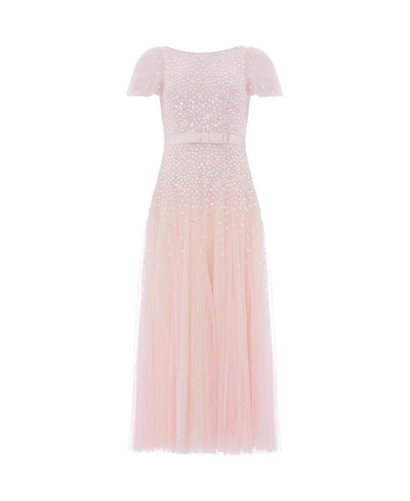 Women's Sequin Cascade Bow Short-Sleeve Gown