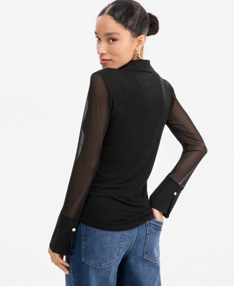 Women's Mesh Collared Long-Sleeve Top