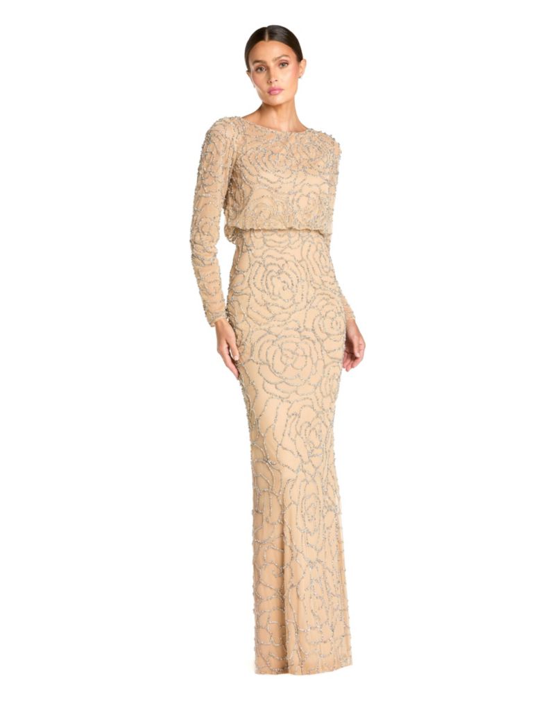 Women's Long Sleeve Floral Beaded Blouson Gown