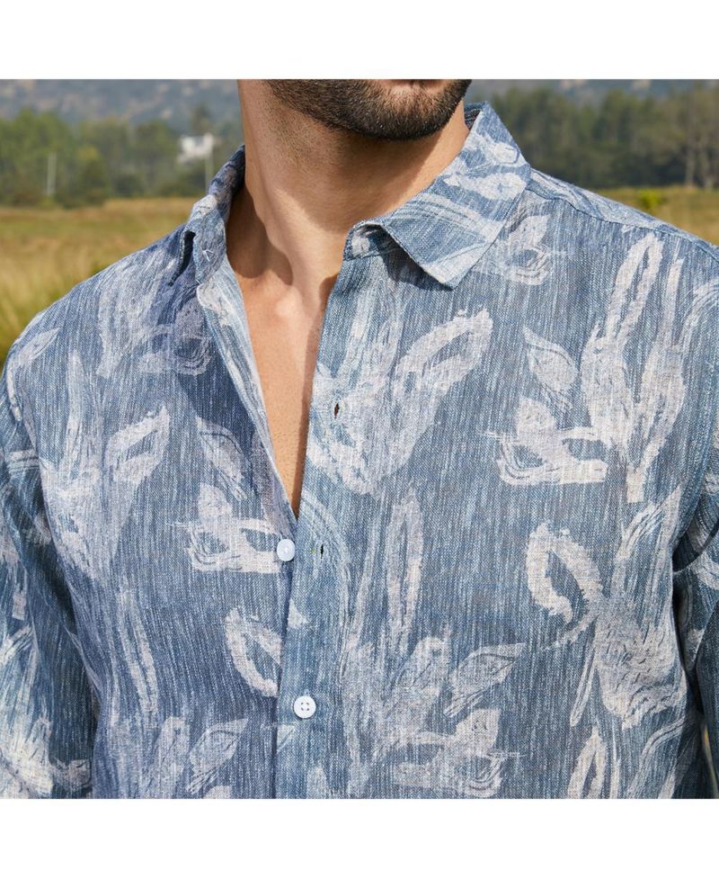Men's Steel Blue Stroked-Petals Shirt
