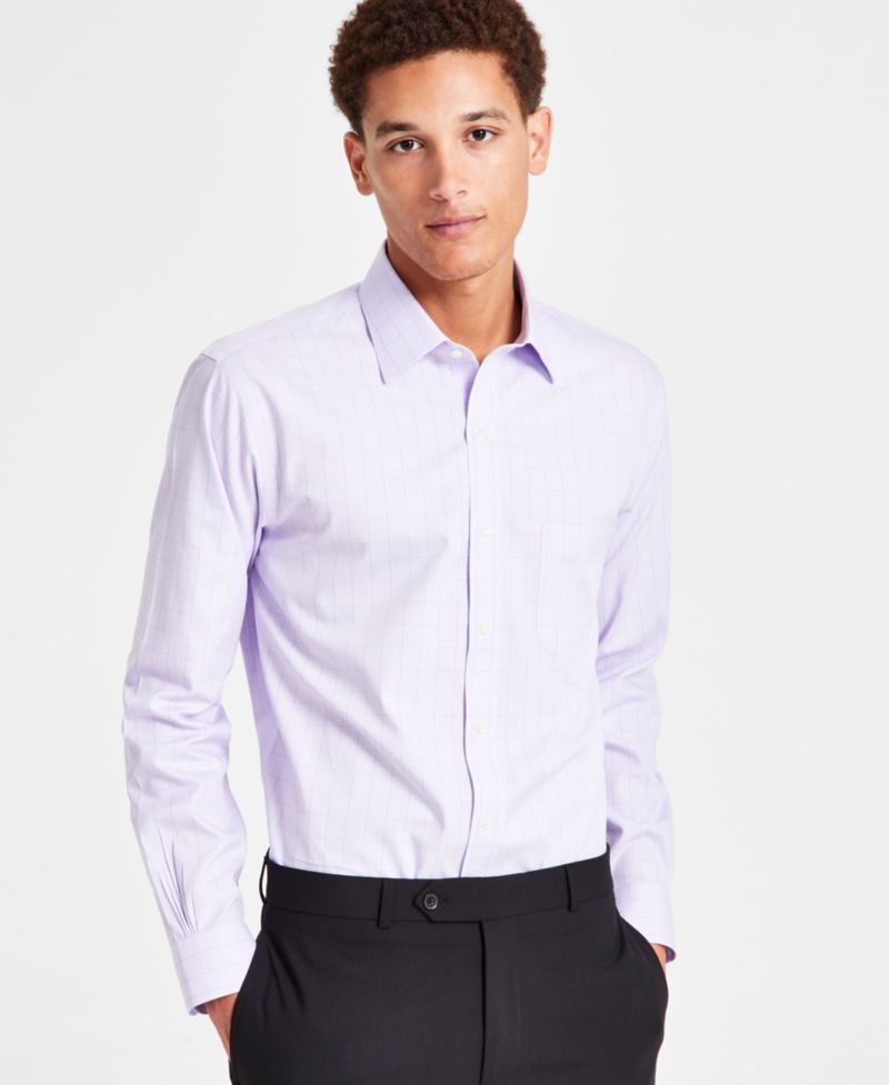 Men’s Regular Fit Non-Iron Spread Collar Check Pinpoint Dress Shirt