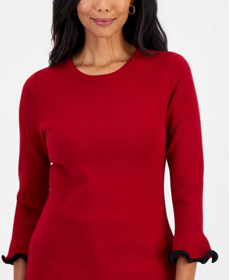 Petite Crew Neck Sculptural Cuff 3/4-Sleeve Sweater
