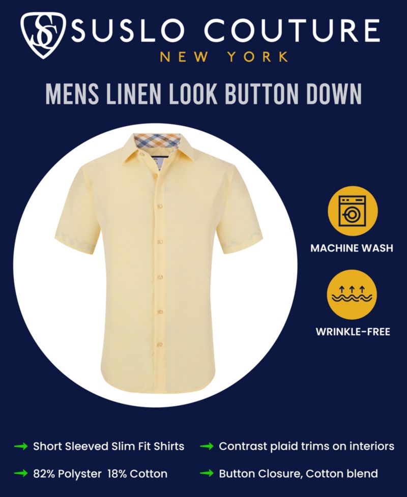 Men's Slim Fit Linen Look Short Sleeve Button Down Shirt