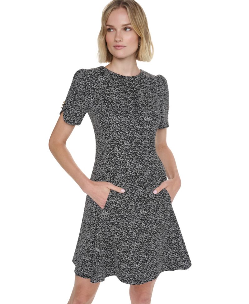 Women's Short-Sleeve Fit and Flare Dress with Pockets