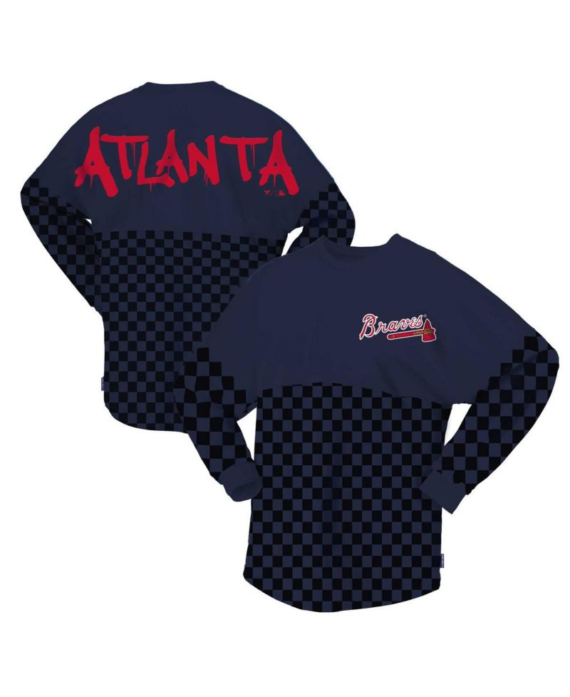 Women's Navy Atlanta Braves Checker Print Long Sleeve T-Shirt