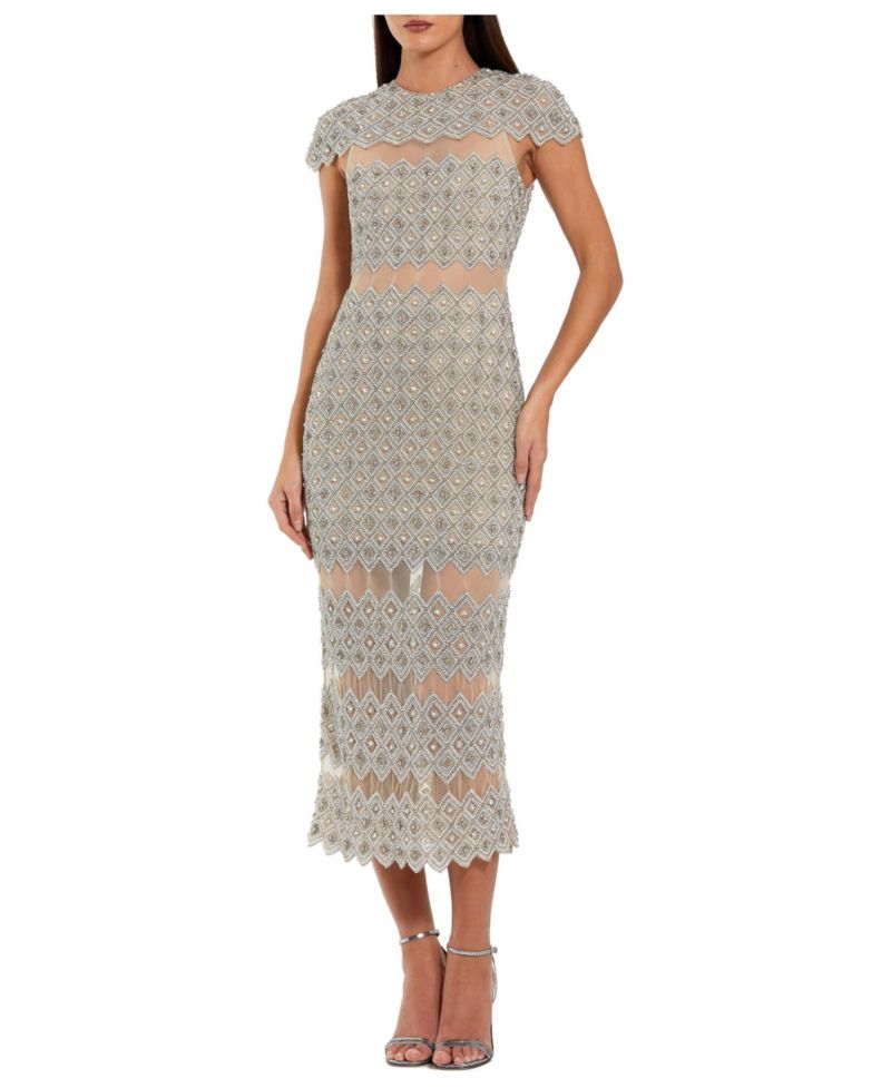 Women's Beaded Mesh Sheath Midi Dress with Sheer Panels