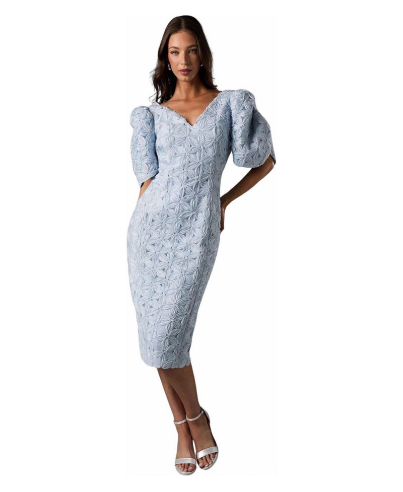 Women's Floral Pleated Puff Sleeve Pencil Dress