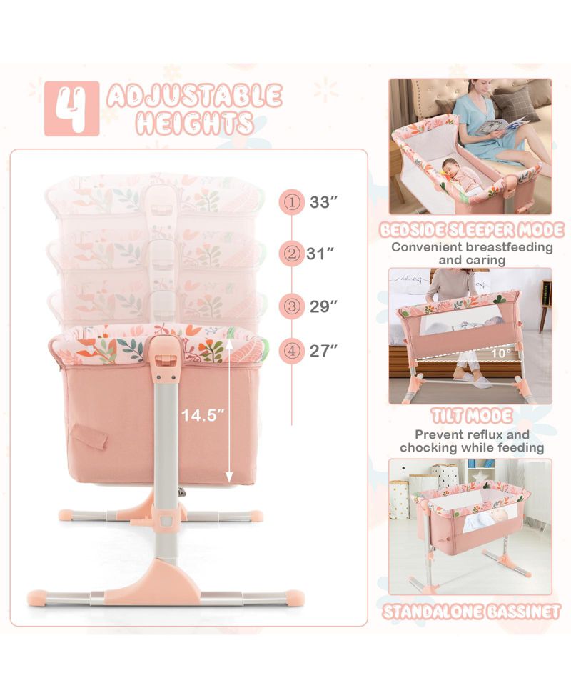 Folding Baby Bassinet Bedside Sleeper with 4 Adjustable Heights-Pink