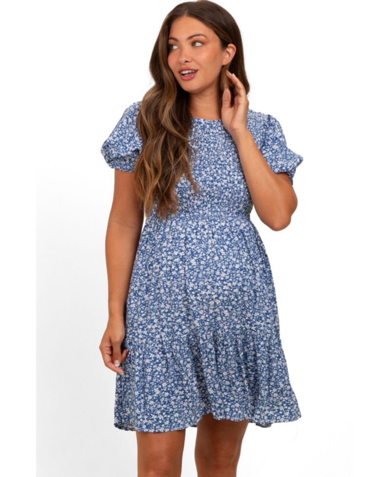 Women's Blue Floral Puff Sleeve Smocked Dress