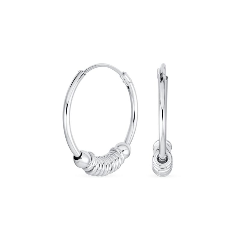 Bali Style Ball Bead Endless Hoop Earrings .925 Sterling Silver .75"