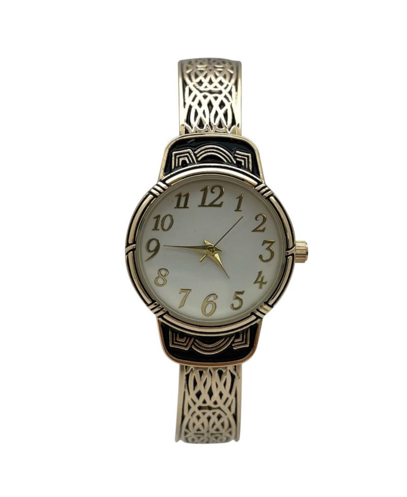 Elegant Metallic and Detailed Round Face Bangle Women Watch, Gold