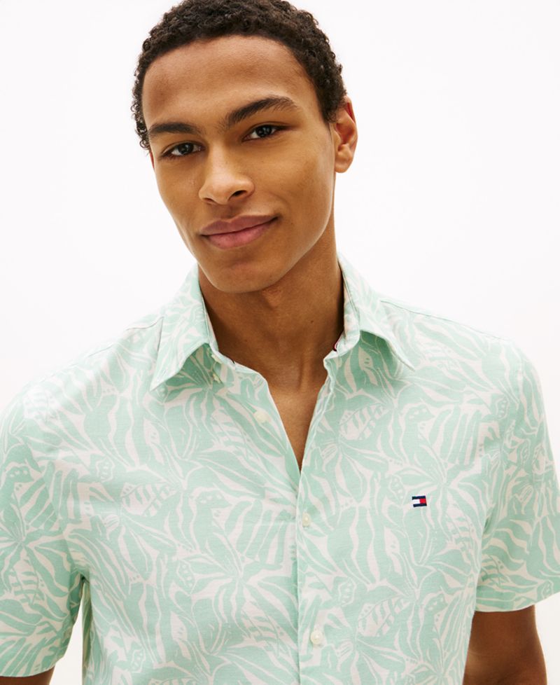 Men's Short-Sleeve Linen-Blend Printed Shirt