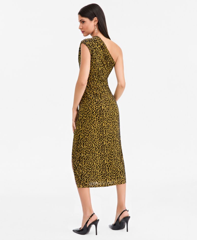 Women's Leopard Embossed One-Shoulder Side-Slit Dress
