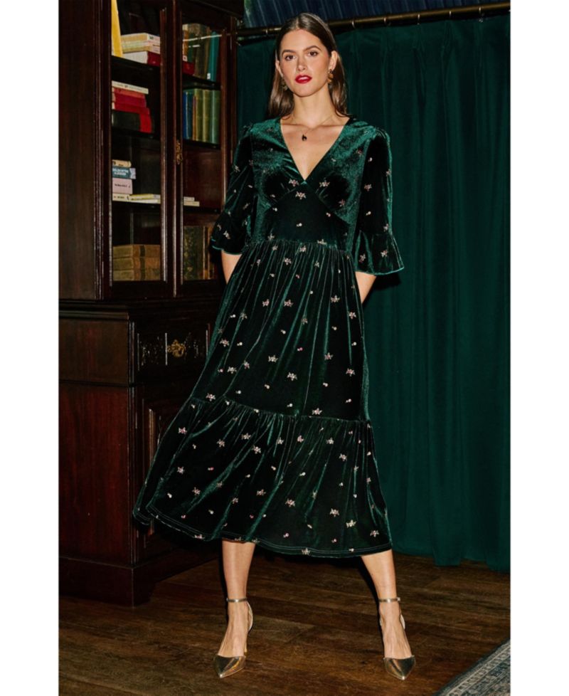 Women's Velvet Embroidered V-Neck Midi Dress