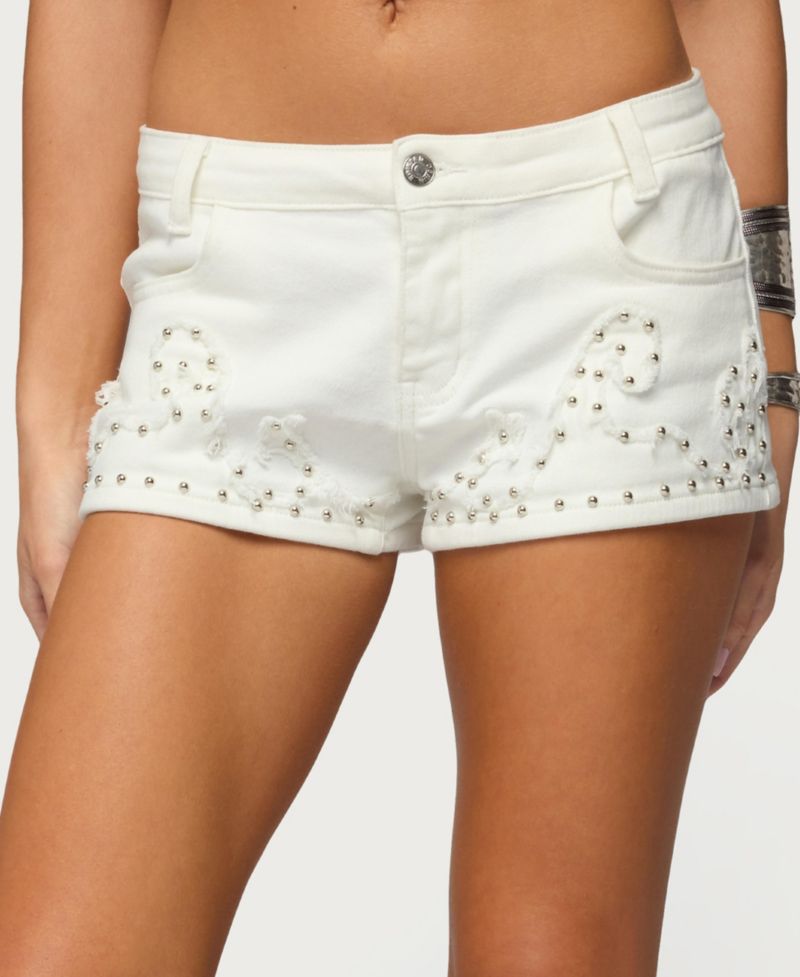 Women's Studded Patchwork Low Rise Denim Shorts