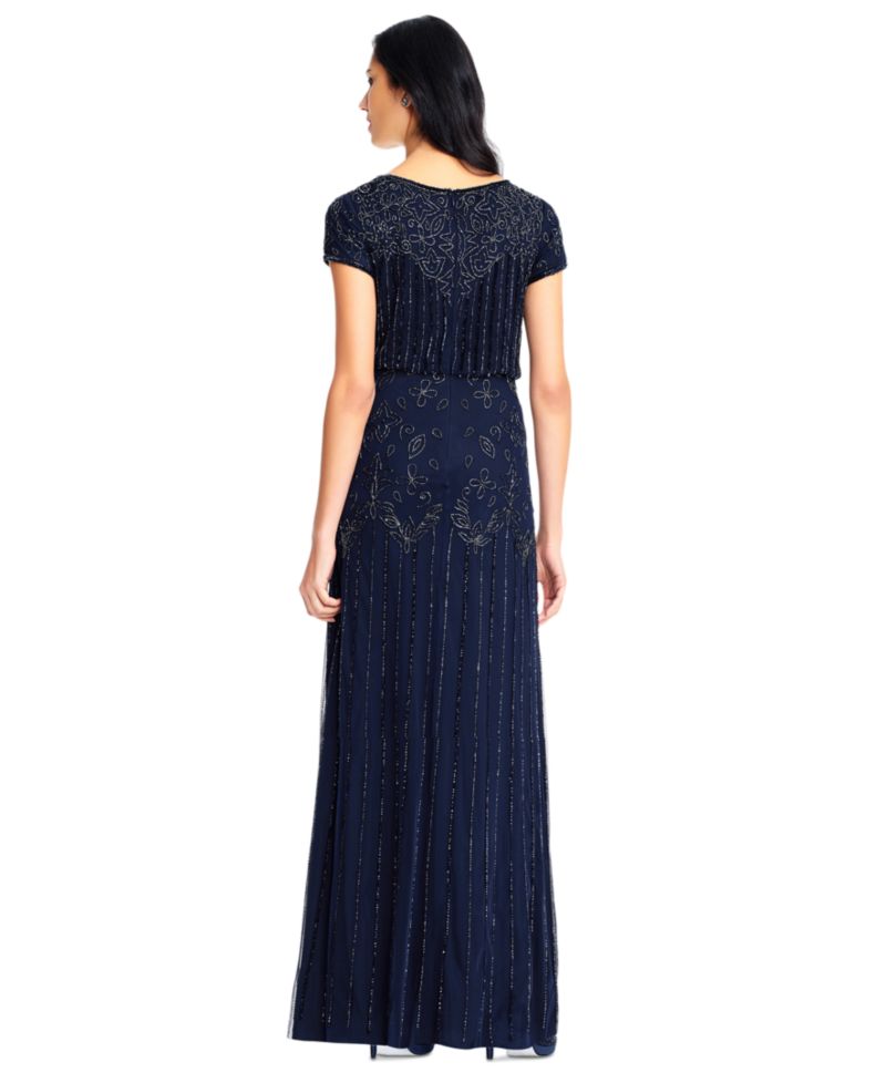 Women's Beaded Short-Sleeve Sheer-Overlay Gown