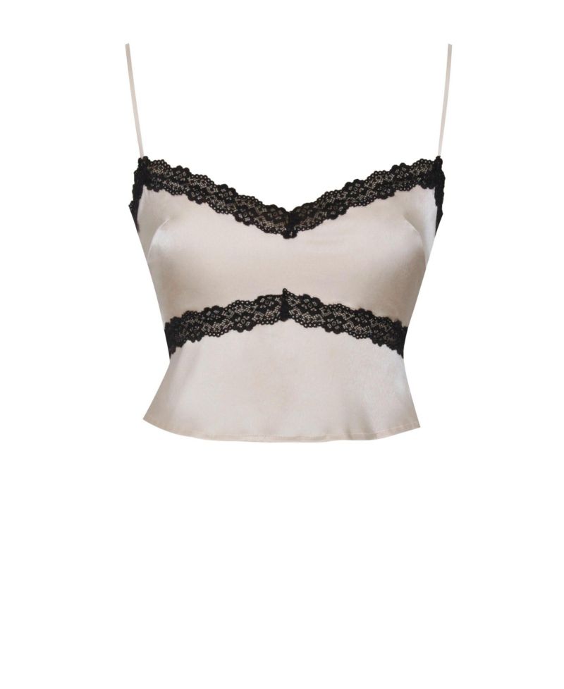 Women's Yareli Beige Lace Trim Satin Strappy Top