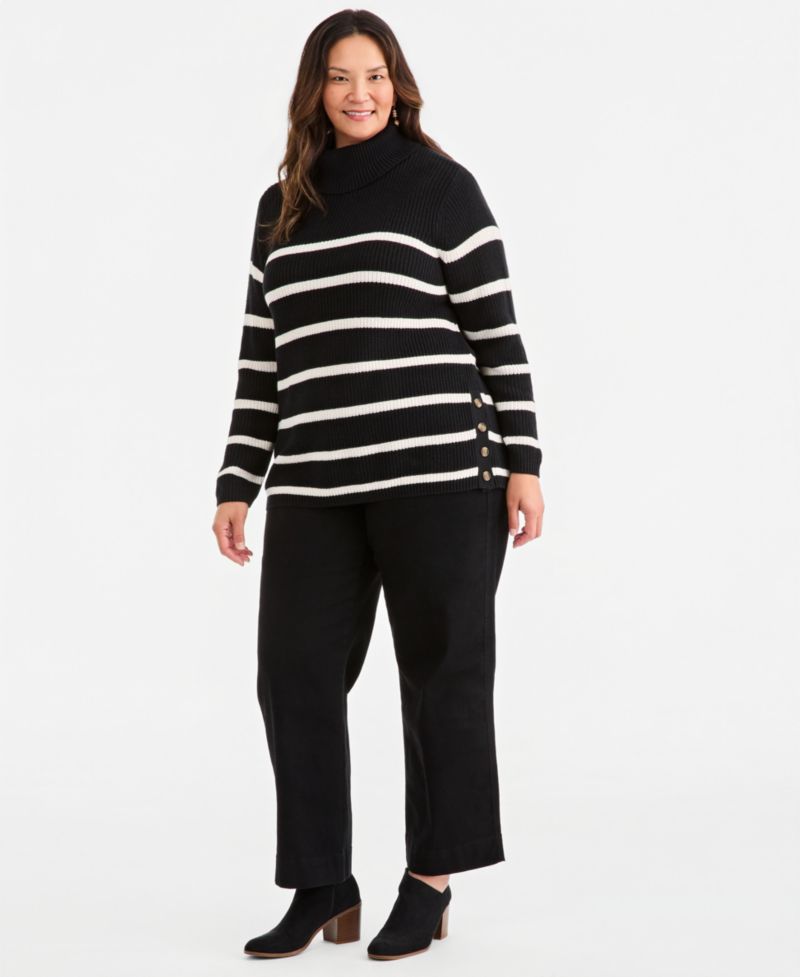 Plus Size Striped Rib Tunic Turtleneck Sweater