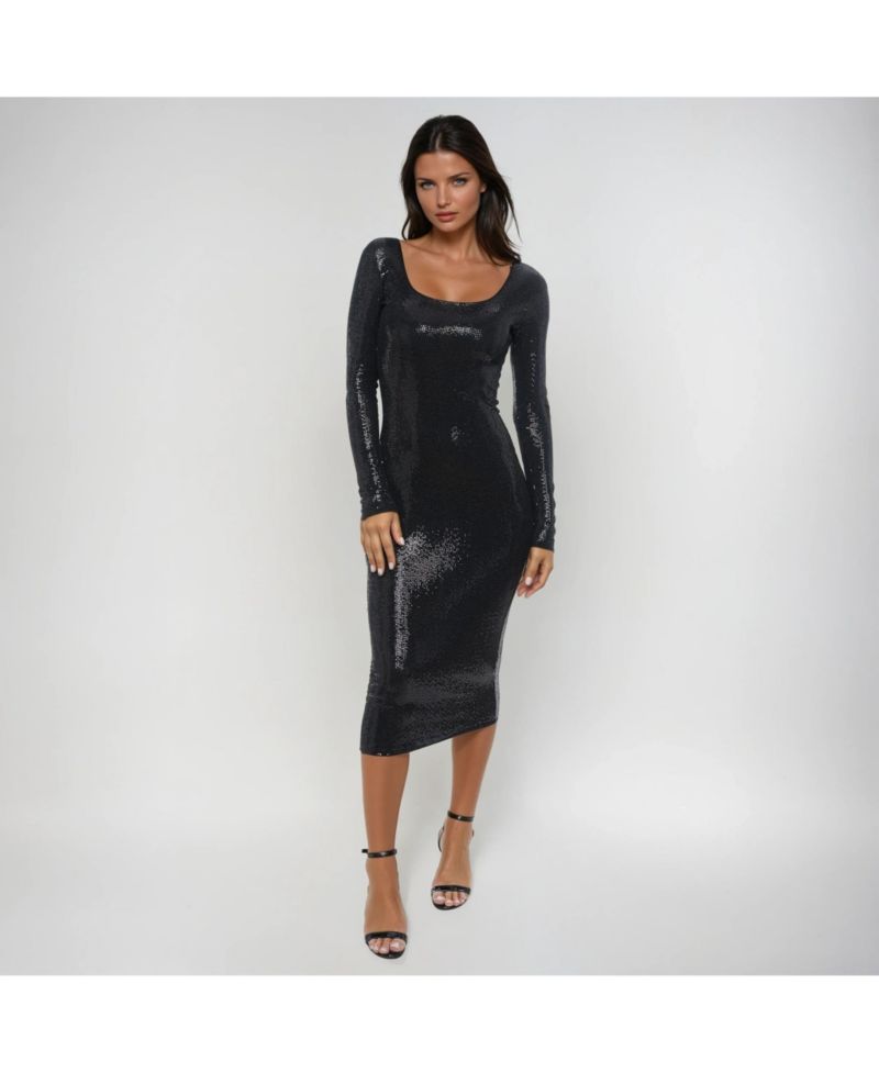 Women's Long Sleeve Square Neck Disco Dot Maxi Dress