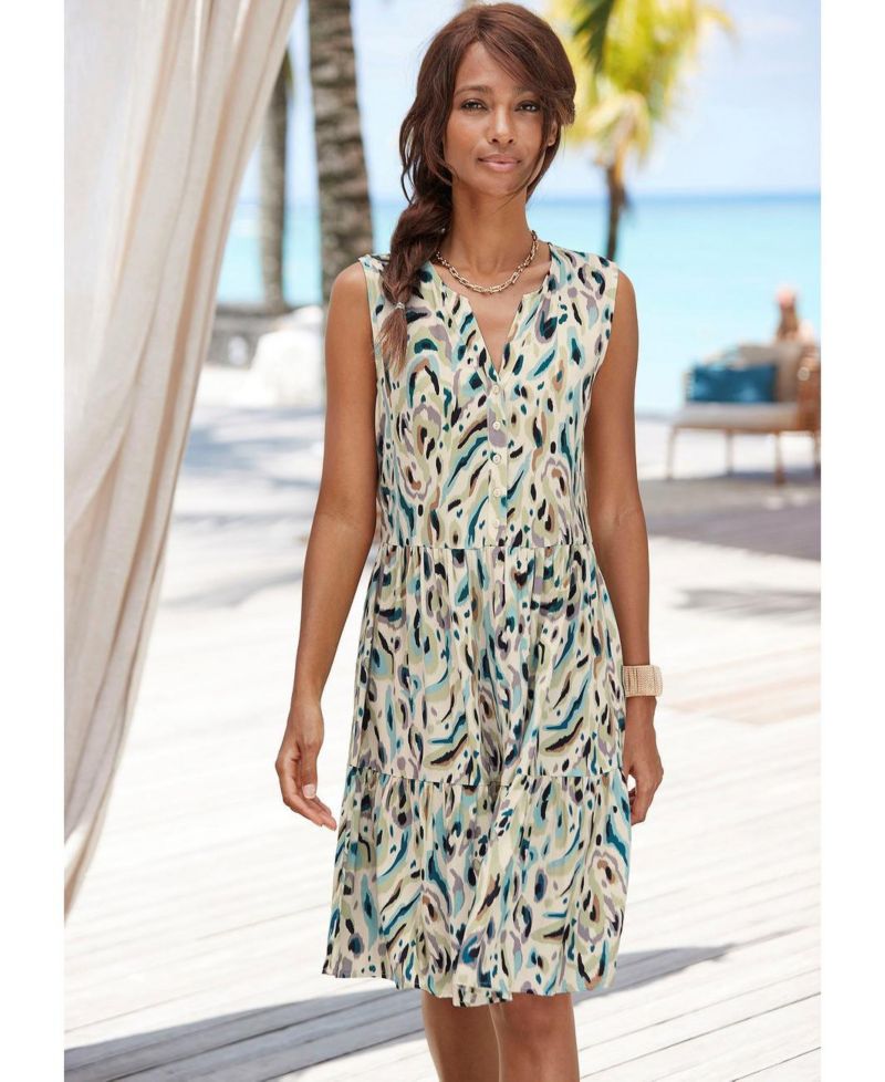 Women's Viscose Printed Button Up Tiered A-Line Notch-Neck Short Dress