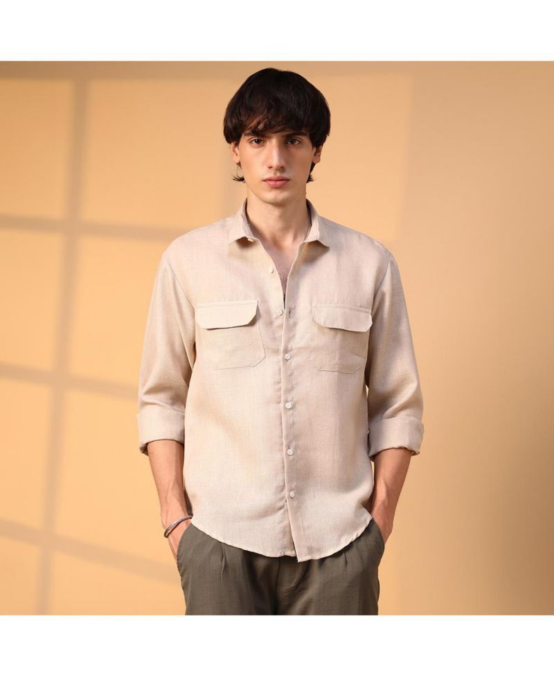 Men's Khaki Beige Solid Utility Shirt