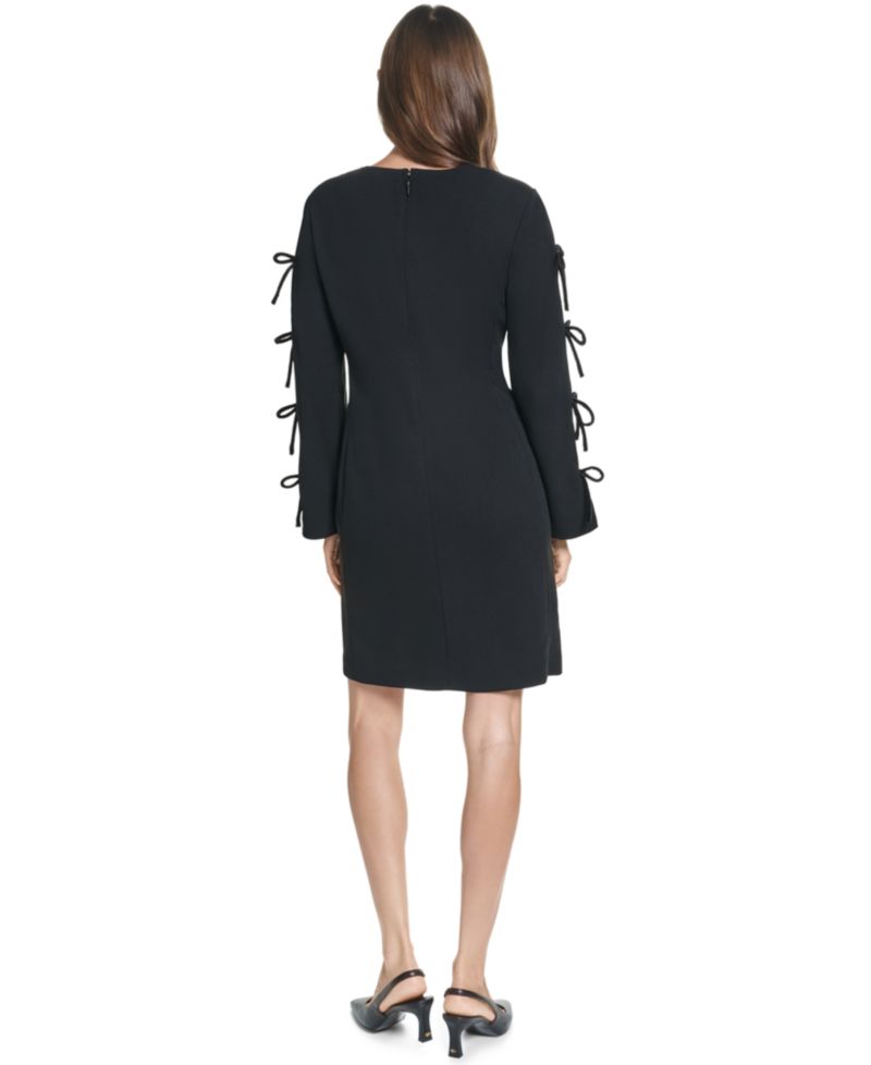Women's Long-Sleeve A-Line Scuba Crepe Dress with Velvet Bow
