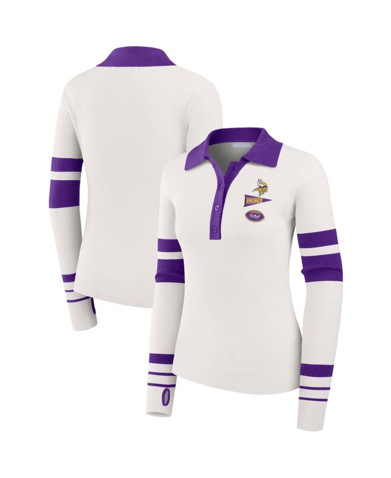 Women's White Minnesota Vikings Ribbed Henley Polo Shirt