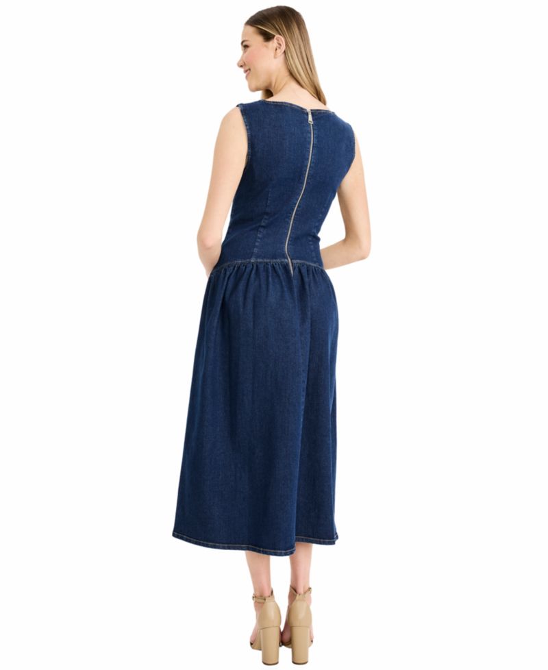 Women's Denim Sleeveless Crewneck Midi Dress