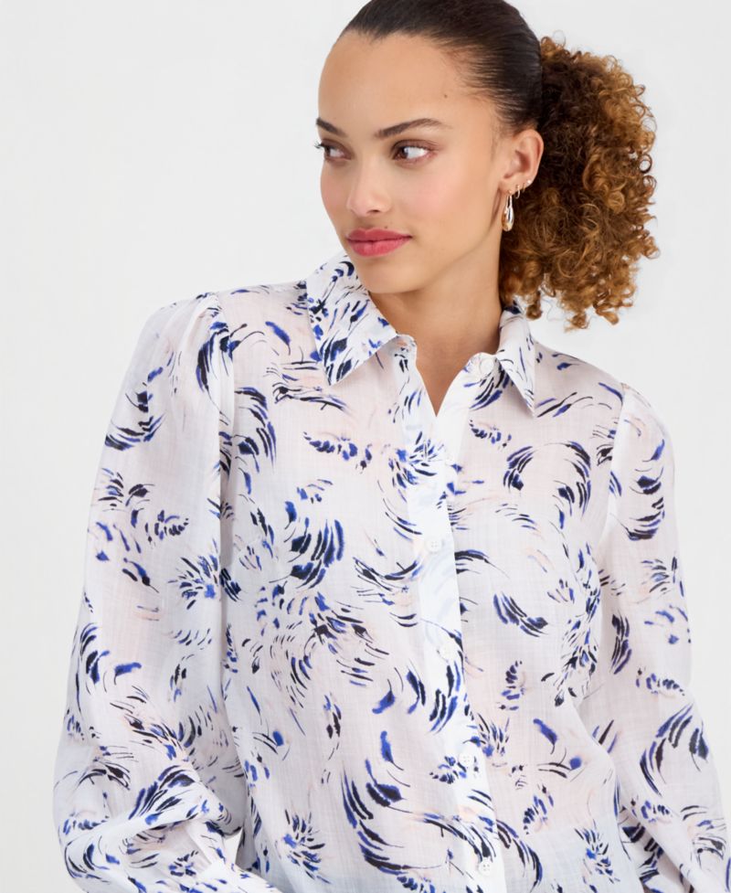 Petite Long Sleeve Printed Ramie Button Down Shirt