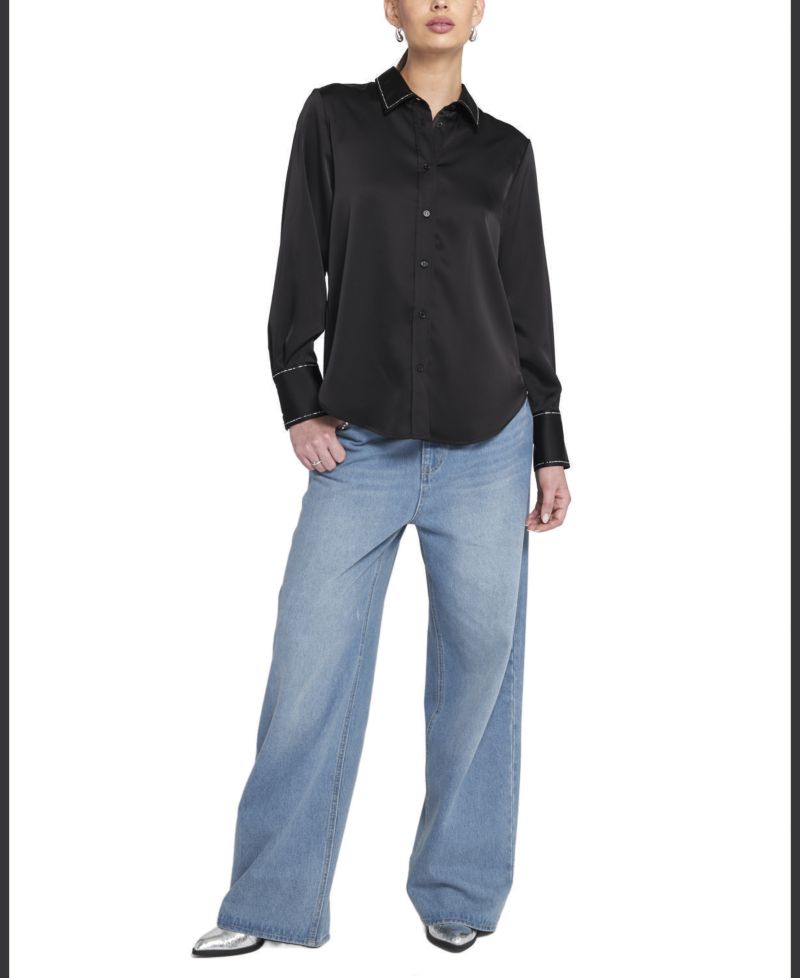 Women's Sparkle Trim Satin Shirt Button Down Top
