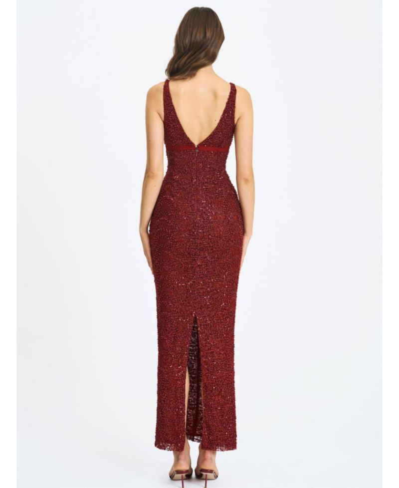 Women's Elora Crimson Sequin Beaded Keyhole Maxi Dress