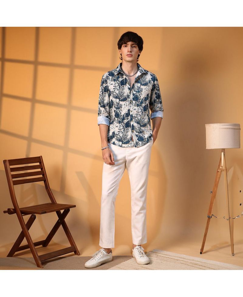 Men's Ivory White & Indigo Blue Foliage-Waffle Shirt