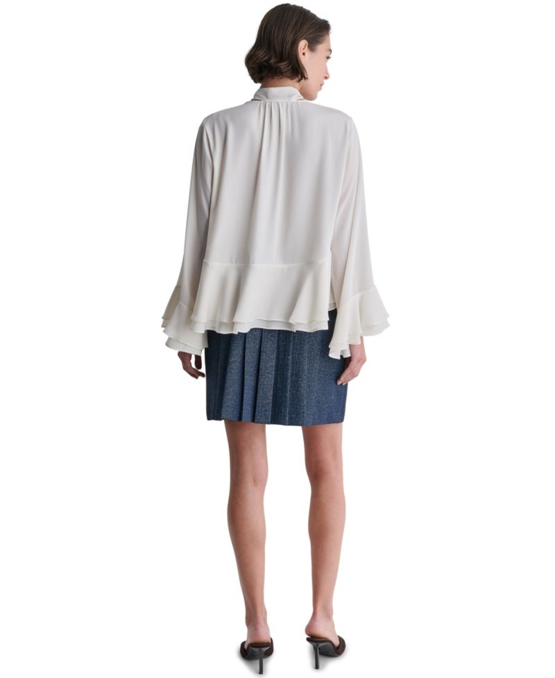 Women's Tie-Neck Long-Sleeve Ruffle Blouse
