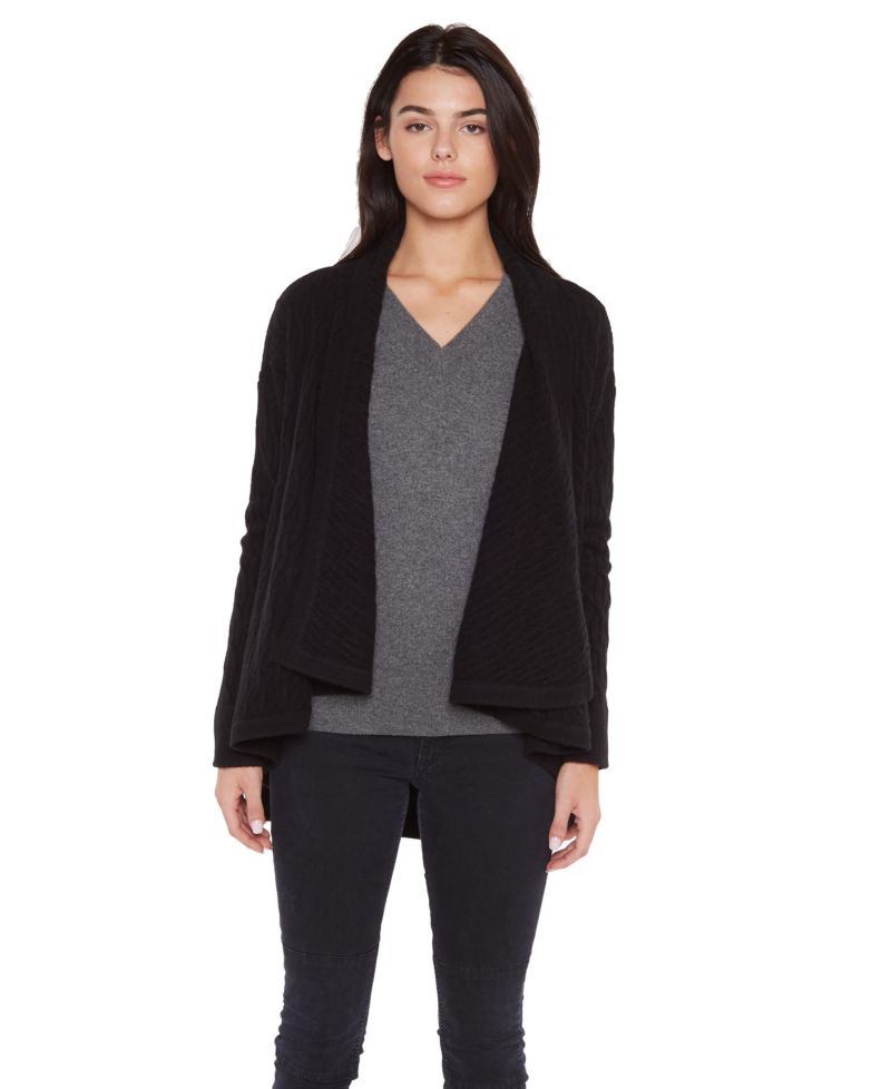 Women's 100% Pure Cashmere 4-ply Cable-knit Drape-front Open Cardigan Sweater