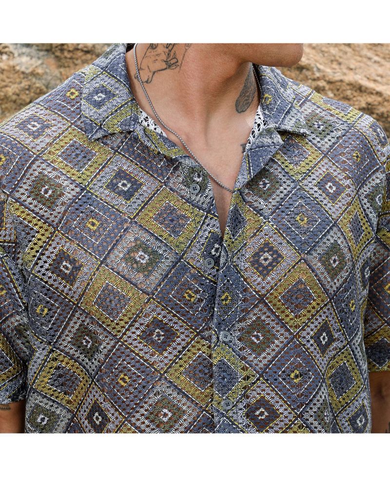 Men's Lapis Blue & Yellow Ochre Geometric Block Oversized Shirt