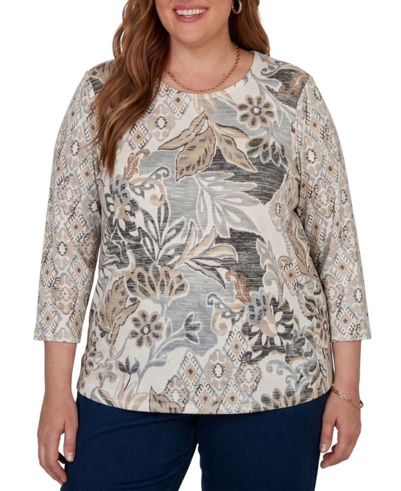 Plus Size Geo Leaf Patchwork 3/4-Sleeve Crewneck Knit Top