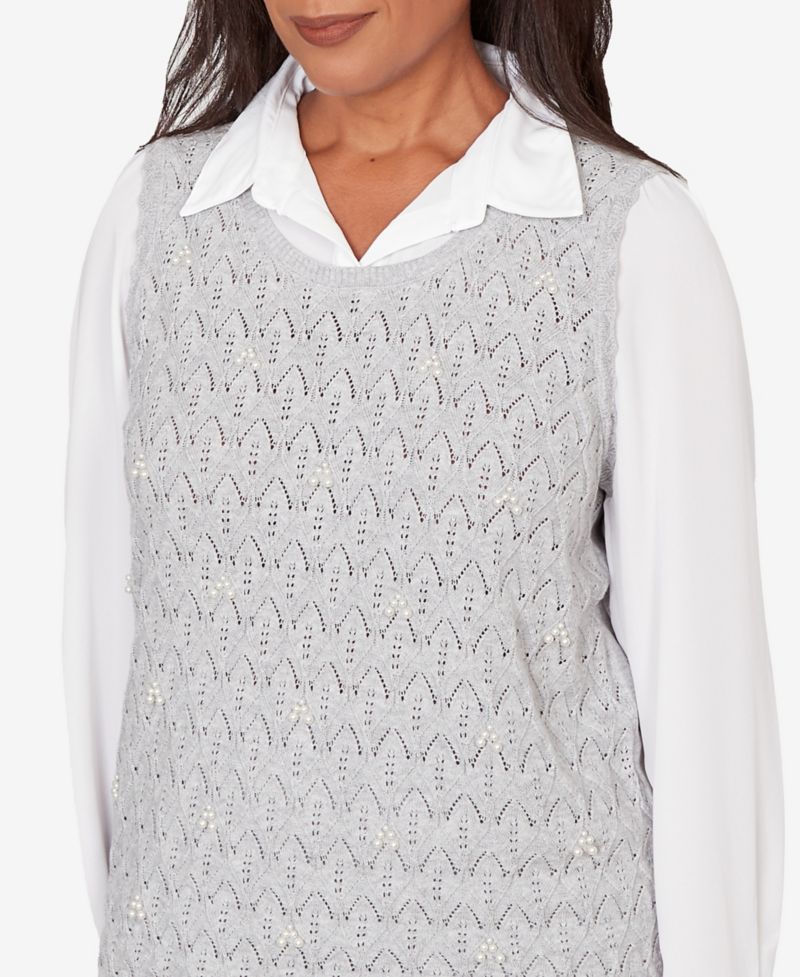 Petite Al Fresco Pointelle Mother of Pearl Lace Two In One Sweater