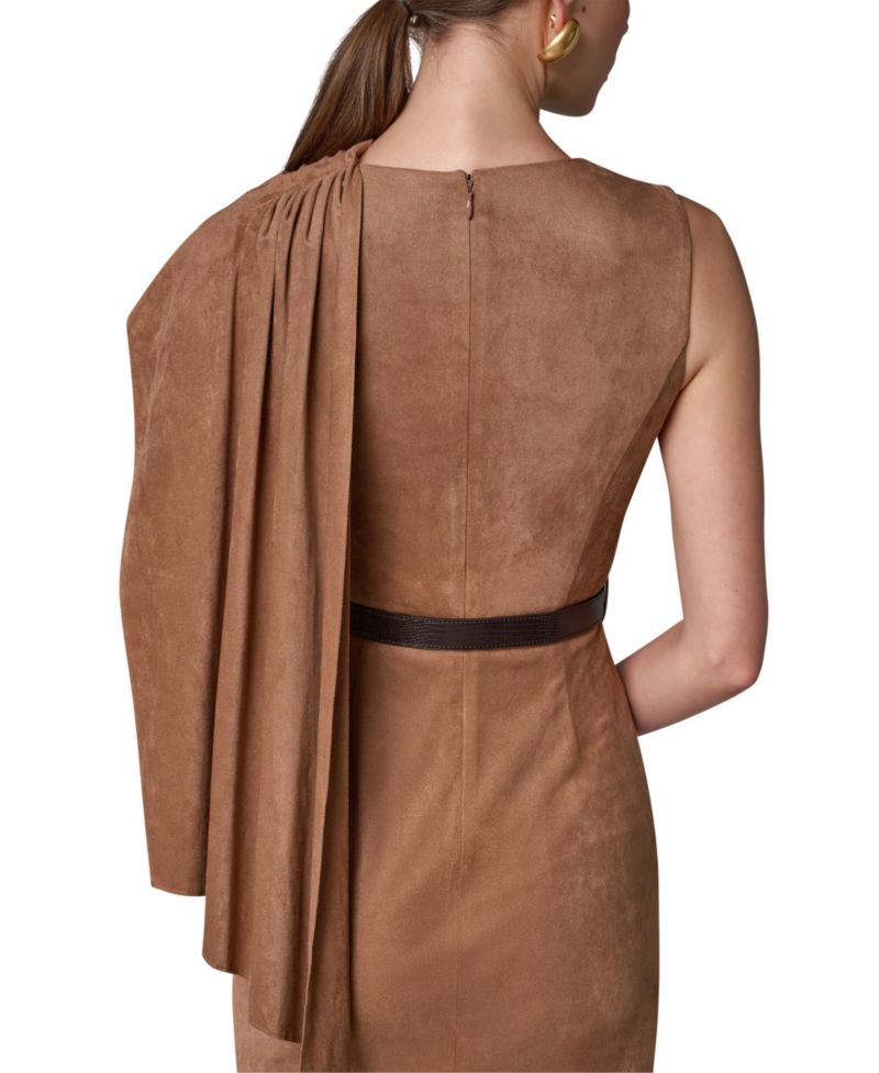 Women's Suede Draped Shoulder Panel Belted Midi Dress