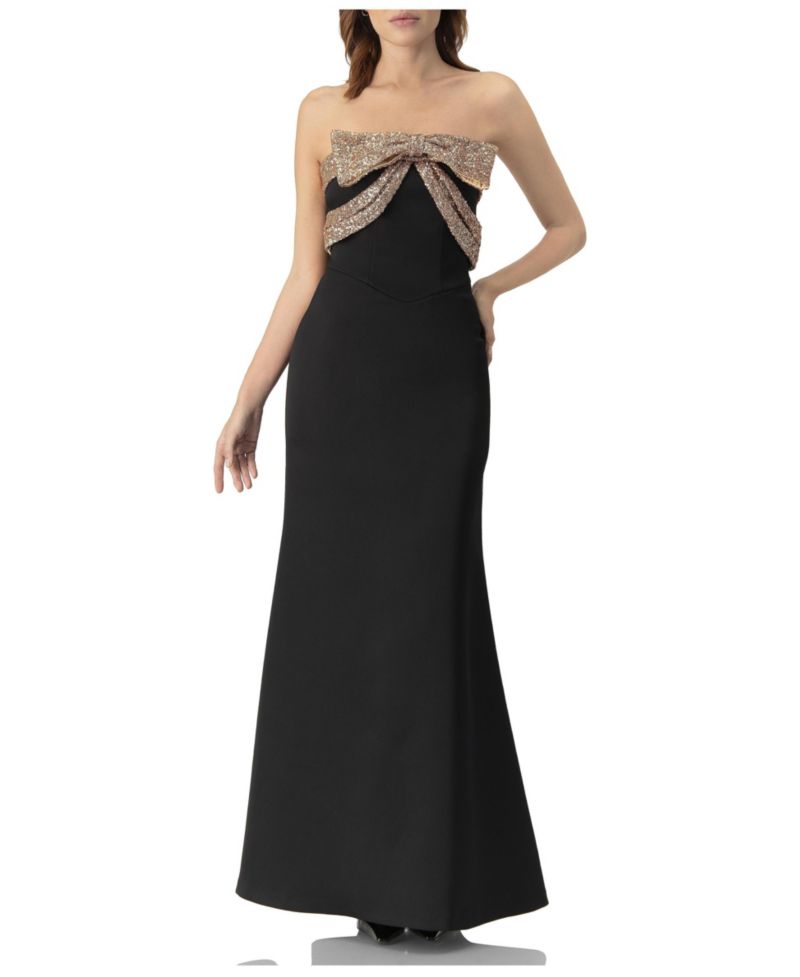 Women's Long Strapless Dress with Sequin Bow