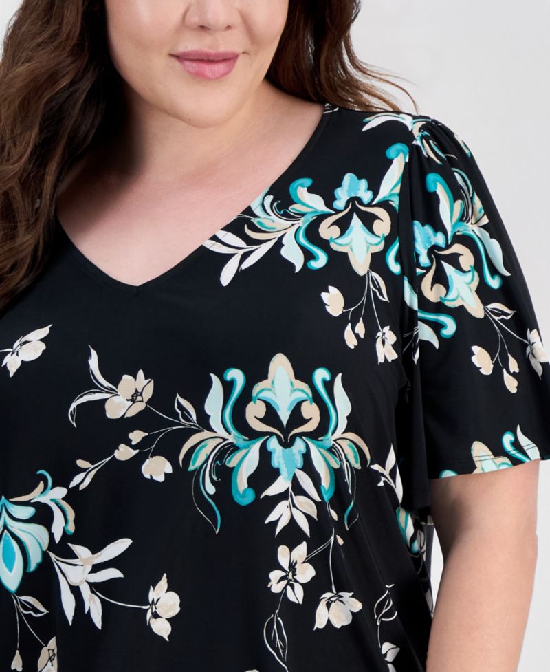 Plus Size Tossed Floral V-Neck Flutter-Sleeve Top