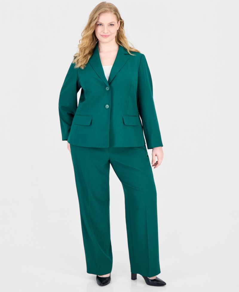 Plus Size Classic Fit Inset Waist Two Button Notch Collar Jacket and Wide Leg Pant, 2-Piece Set