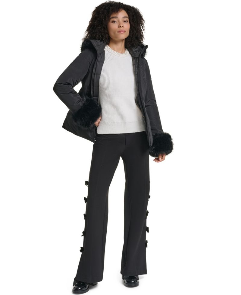 Women's Faux-Fur Trim Cuff and Hood Belted Puffer Jacket
