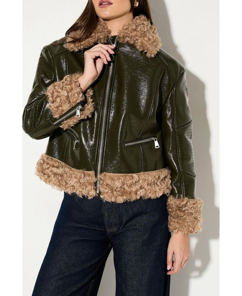 Women's Premium Faux Fur Collar Aviator Jacket
