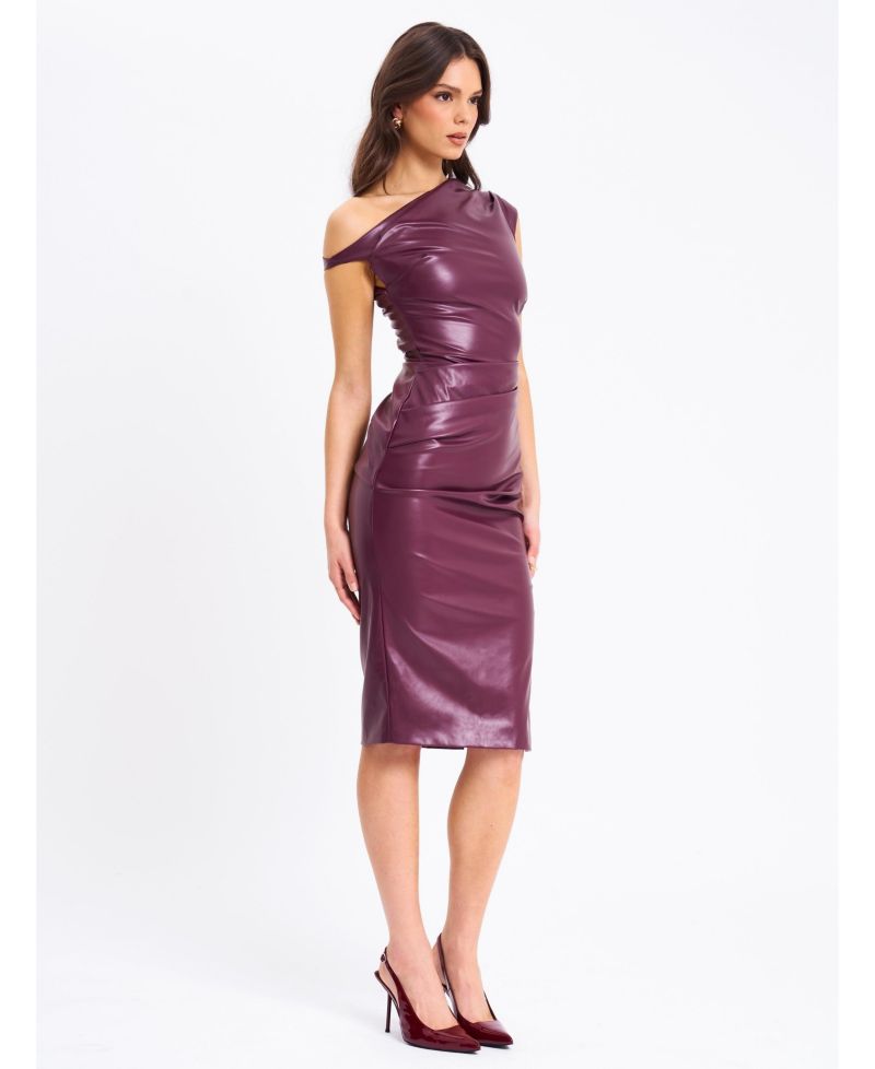 Women's Sabina Purple Leather Slash Neck Midi Dress