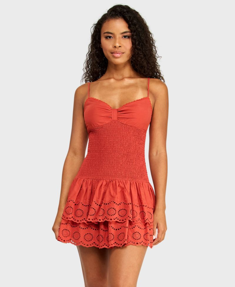 Juniors' V-Neck Embroidered Eyelet Dress with Tiered Skirt and Lace Trim Detail