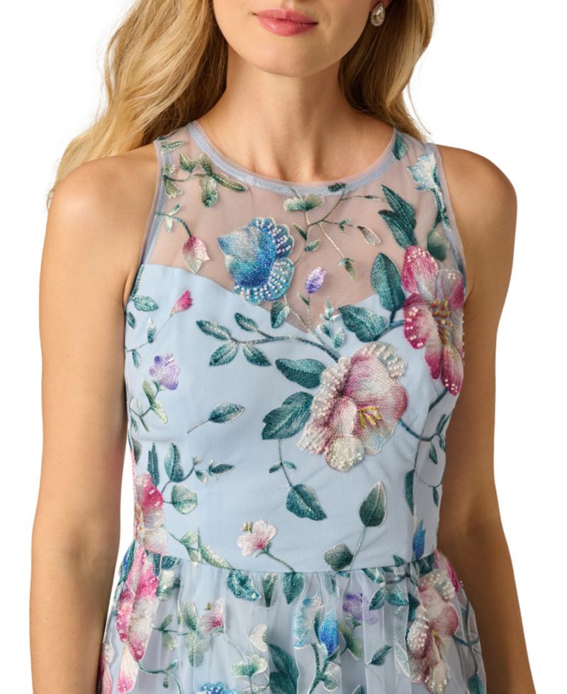 Women's Crew Neck Halter Embroidered Dress