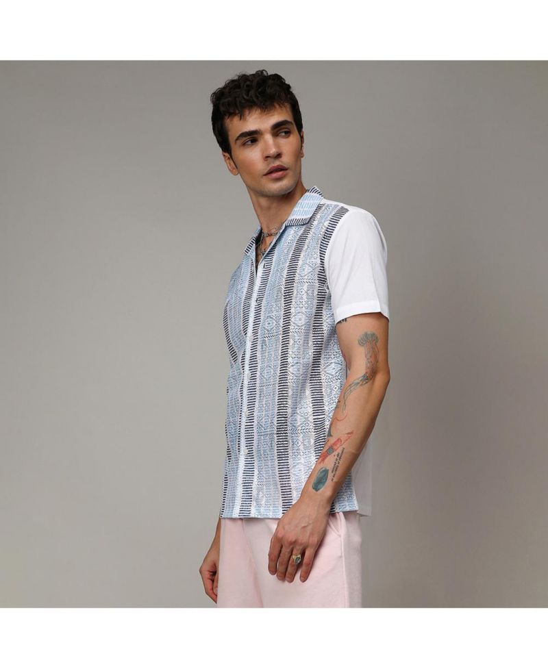 Men's Sky Blue & Midnight Black Fish Eye Ethnic Shirt